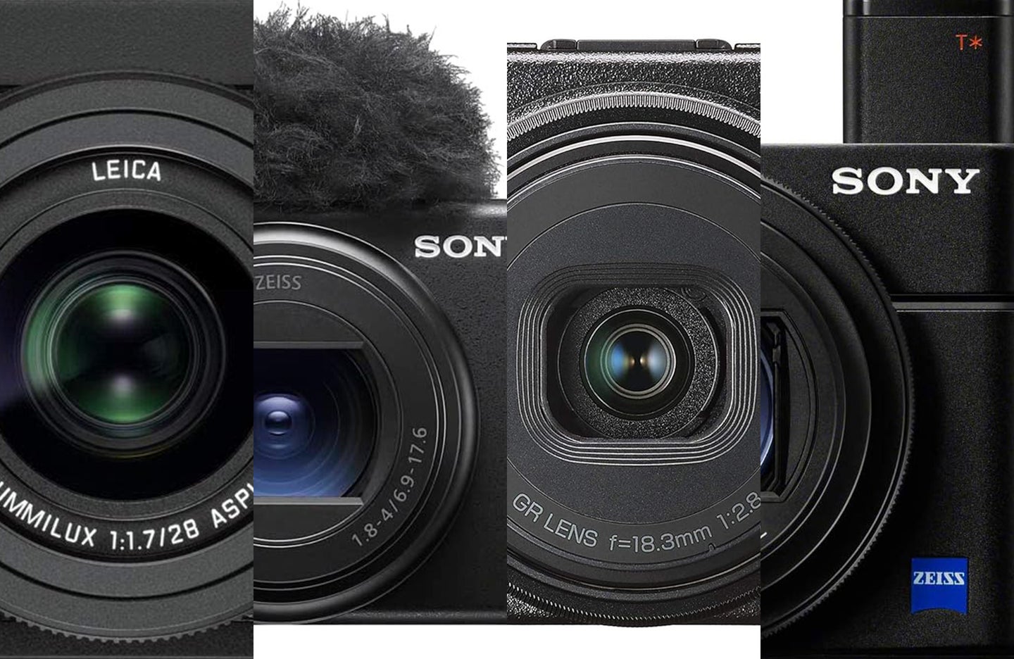 Four of the best compact cameras are sliced together against a white background.