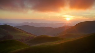 Beautiful rolling hills painted by pink golden light of sunset.