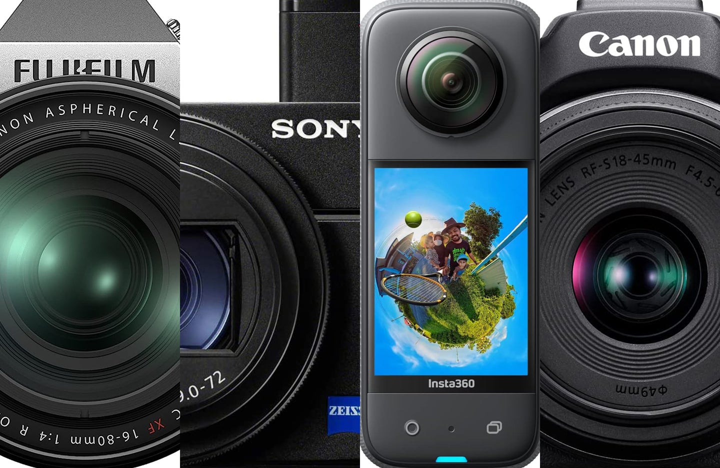 The best travel cameras, including a Sony compact, Fujifilm, Insta260, and Canon camera.