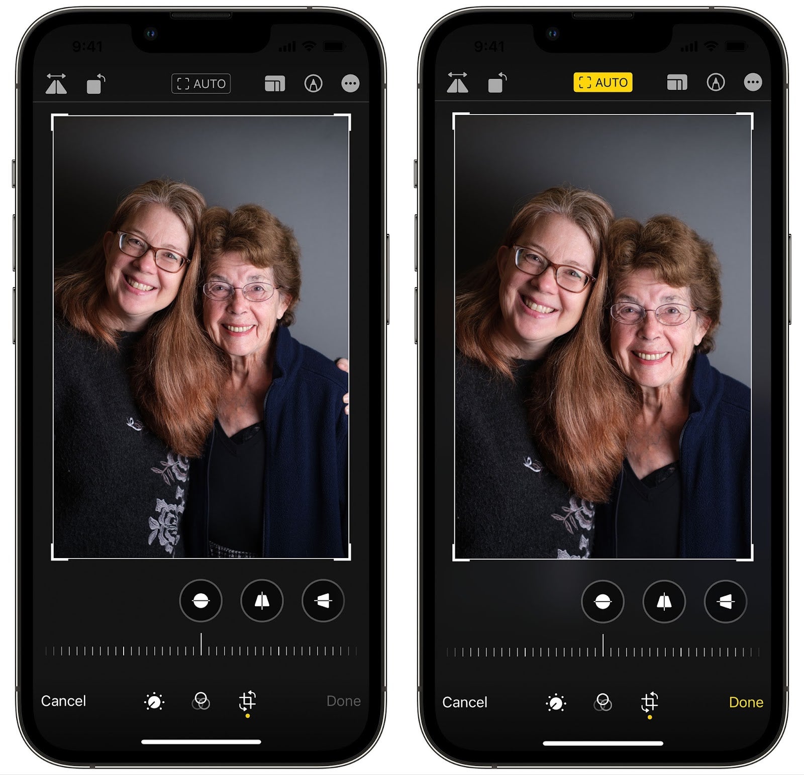 Apple Photos on the iPhone 13 Pro displays an Auto button when it detects people in the image (left). The automatic crop is applied at right