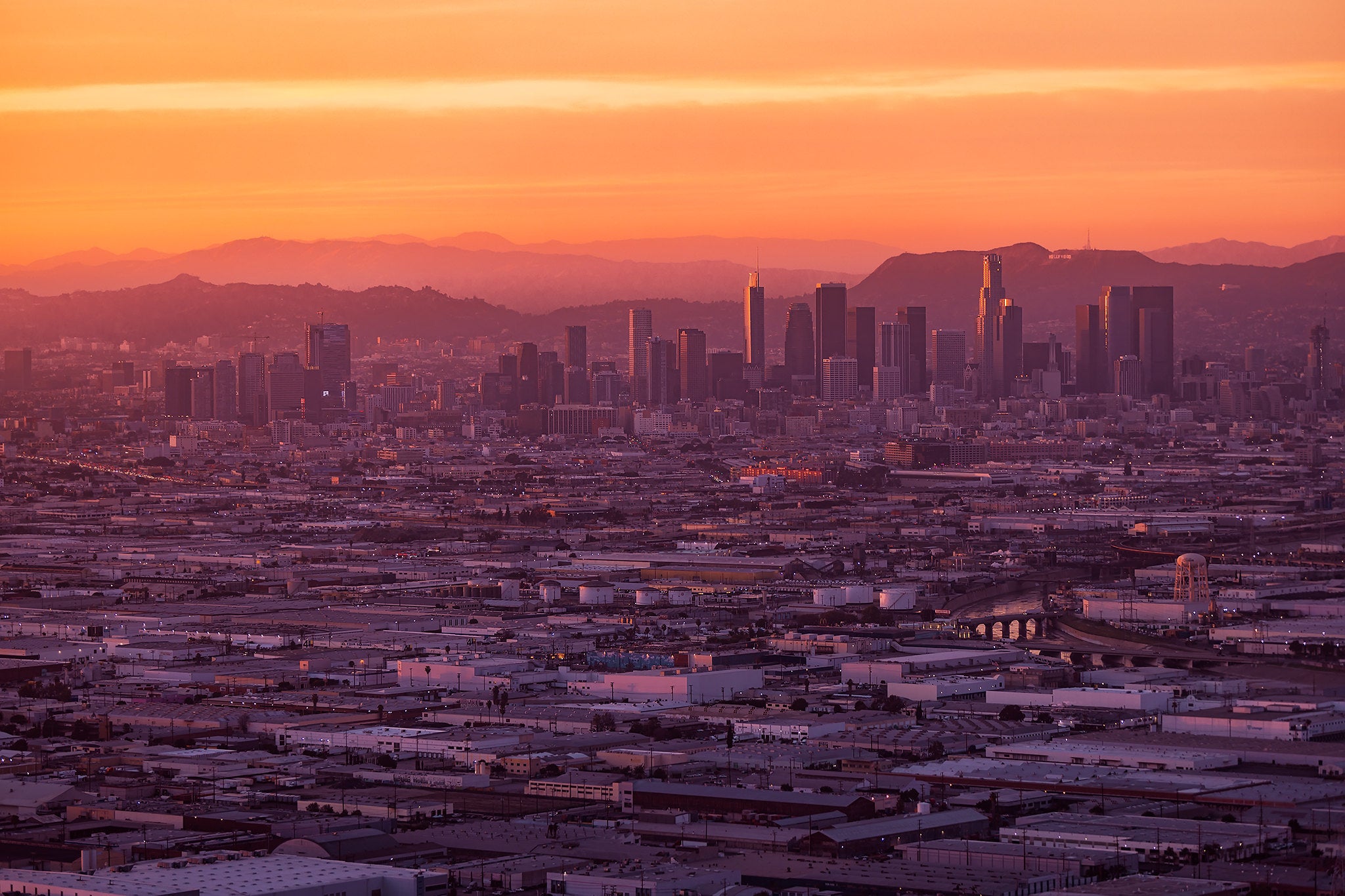A sunset over downtown LA, captured from a helicopter.