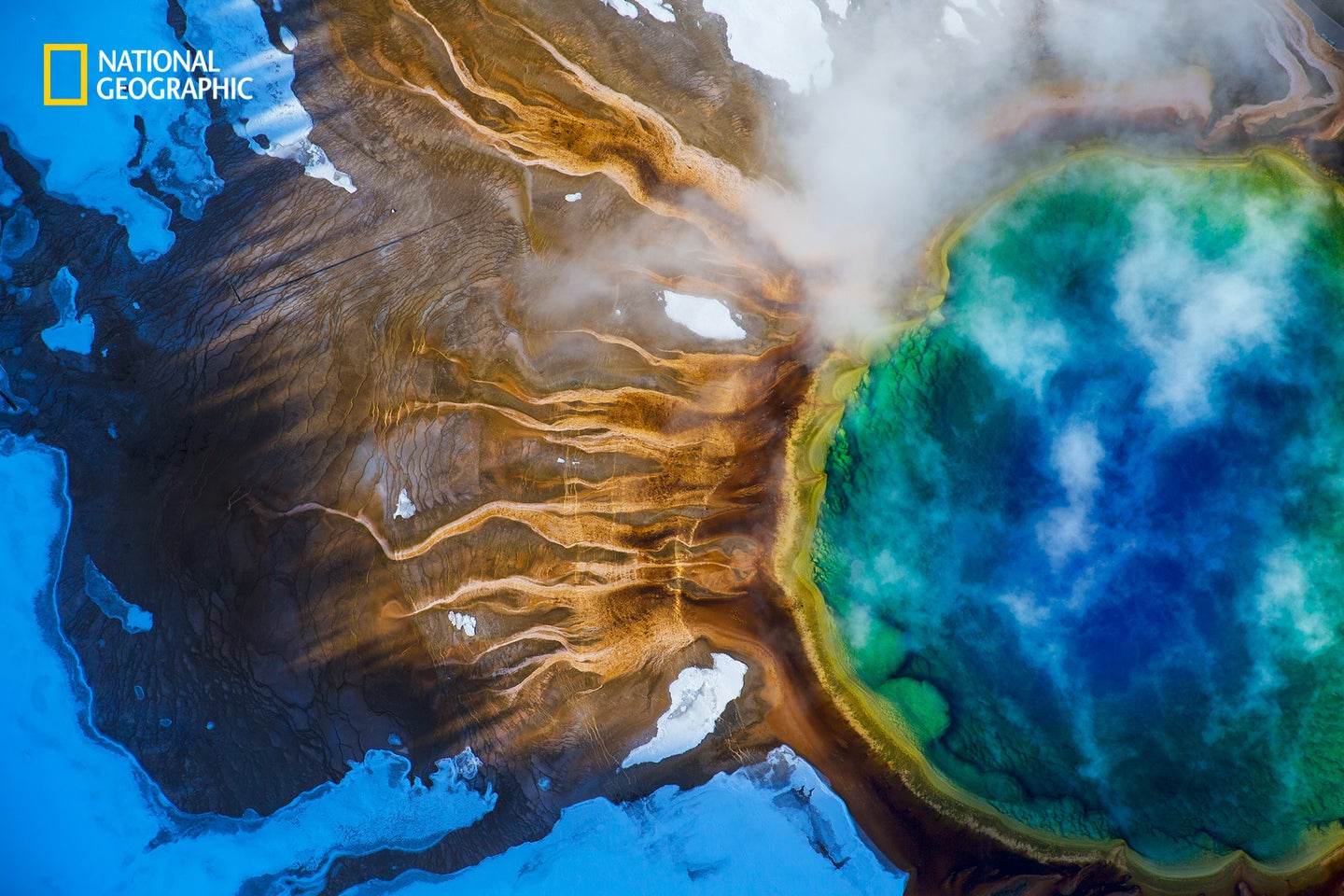 Aerial view of Yellowstone's Grand Prismatic Spring, Wyoming.