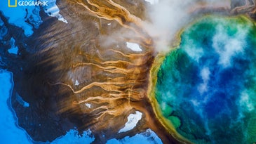 Aerial view of Yellowstone's Grand Prismatic Spring, Wyoming.