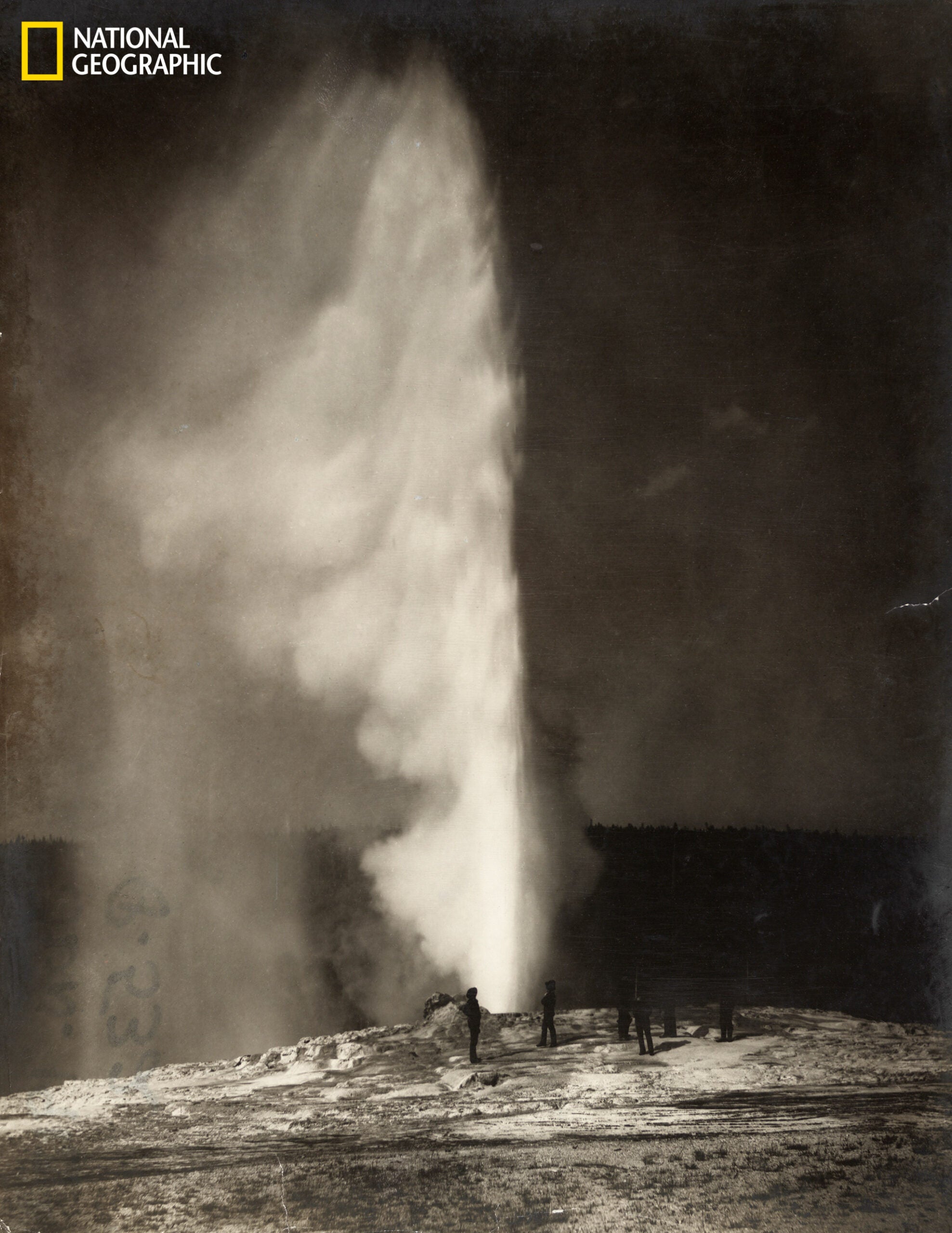 Old Faithful, one of nearly 500 geysers in Yellowstone National Park captured by William Henry Jackson for the US Geological Survey in 1872—the first photograph of Old Faithful.
