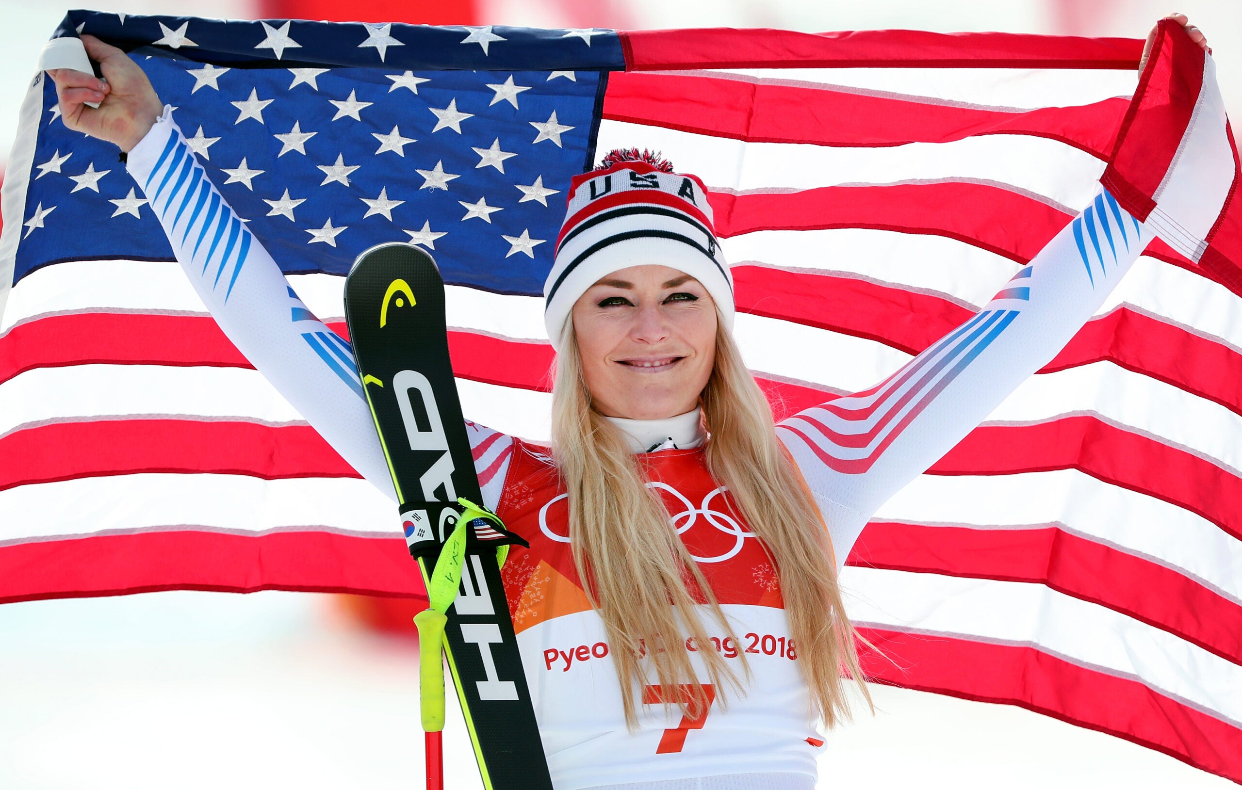Bronze medallist Lindsey Vonn of the United States celebrates during the victory ceremony for the Ladies' Downhill on day 12 of the PyeongChang 2018 Winter Olympic Games at Jeongseon Alpine Centre on February 21, 2018 in Pyeongchang-gun, South Korea.
