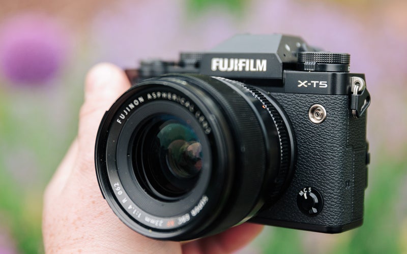 Fujifilm X-T5 以一定角度站在模糊的花朵前