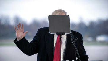 Candidate Donald Trump obscured by a teleprompter, Ohio, early November 2016