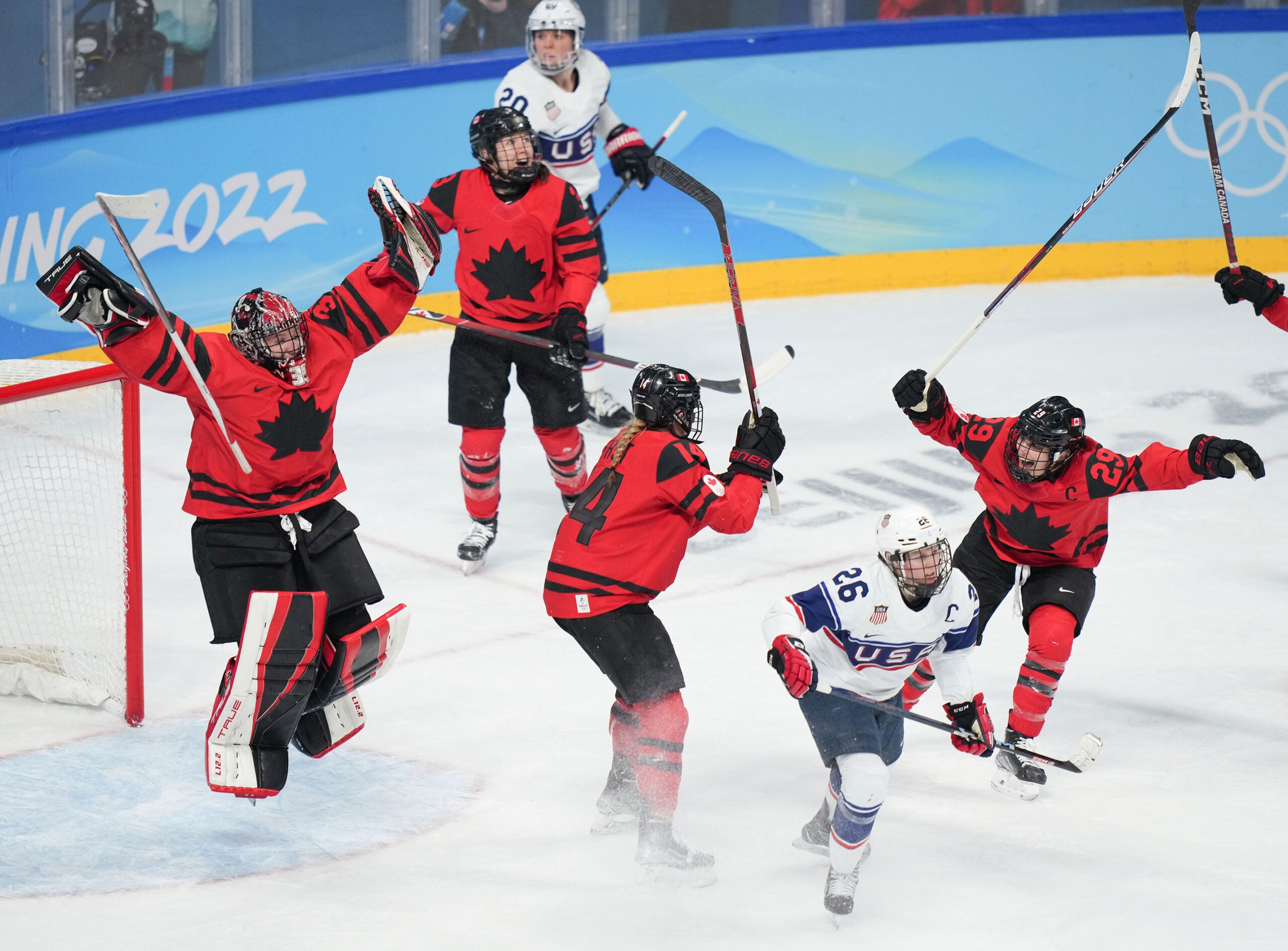Canada celebrates after the ice hockey women's gold medal game of the Beijing 2022 Winter Olympics between Canada and the United States at Wukesong Sports Centre in Beijing, China. Canada won 3:2. 
