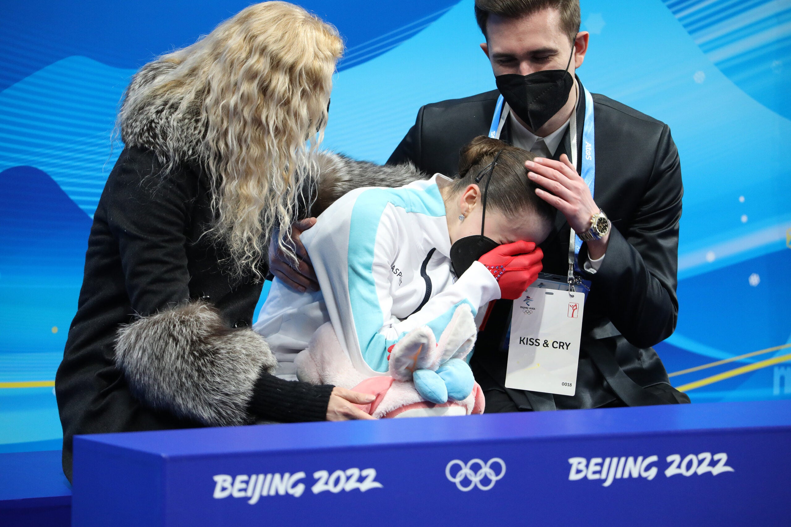 Kamila Valieva of Russia (ROC) looks dejected and breaks down in tears as she does not even make it to the podium of the Figure Skating Women Single Skating on Day 14 at the Beijing 2022 Winter Olympics at the Capital Indoor Stadium in Beijing. 