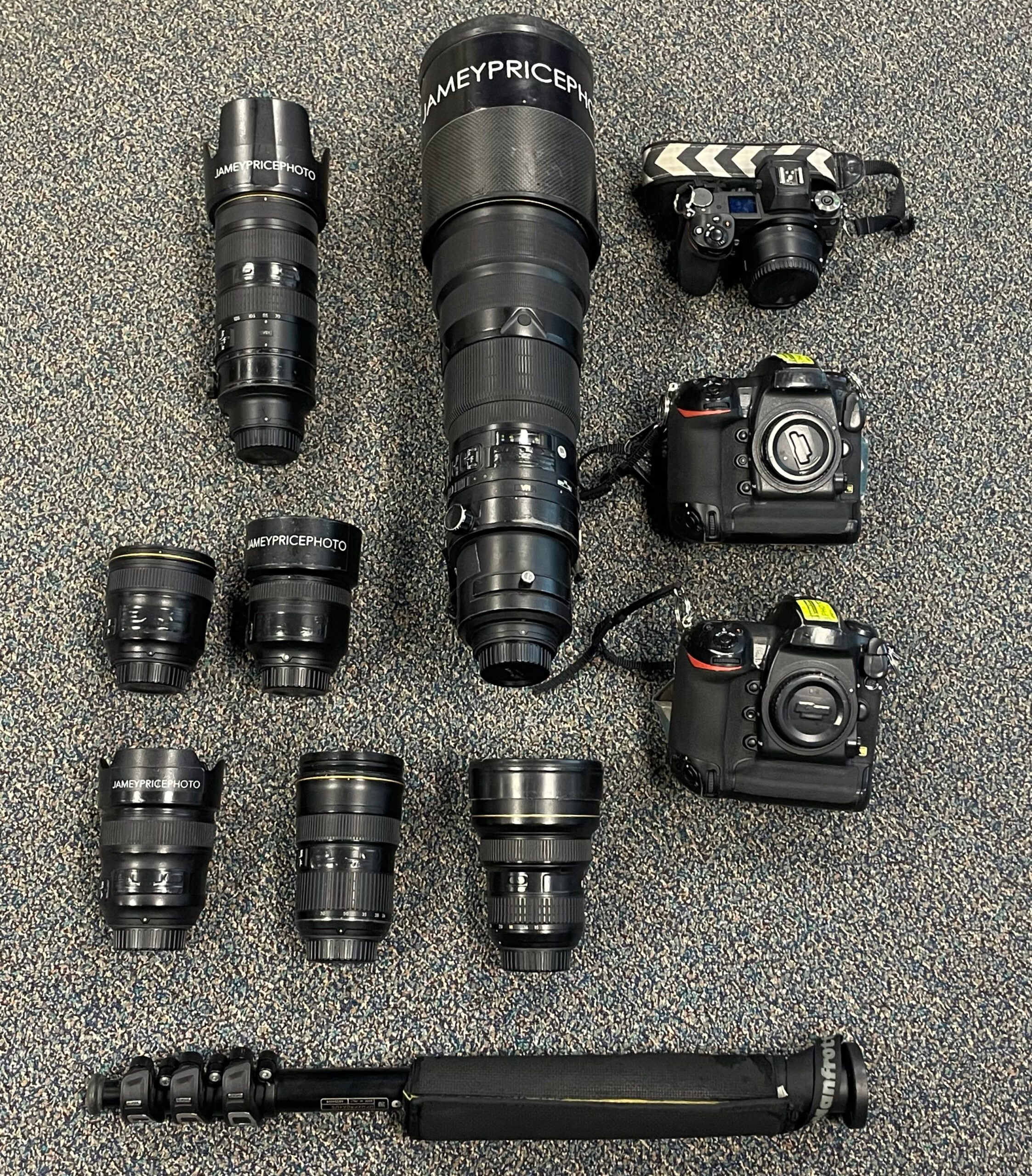 The gear used by Jamey Price to photograph the 2022 Rolex 24 at Daytona, a 24-hour race held at Daytona International Speedway.