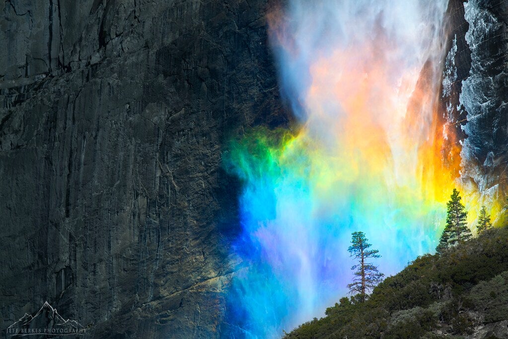 A rainbow waterfall at Yosemite National Park.