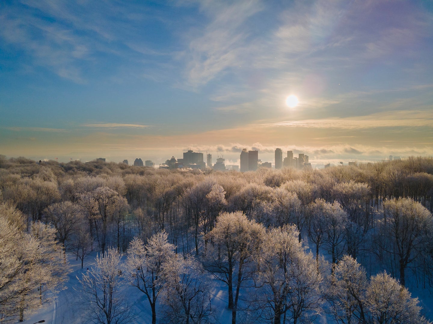 A drone shot of frozen Montreal.