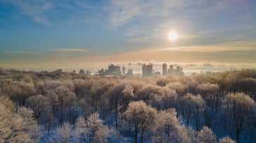 A drone shot of frozen Montreal.