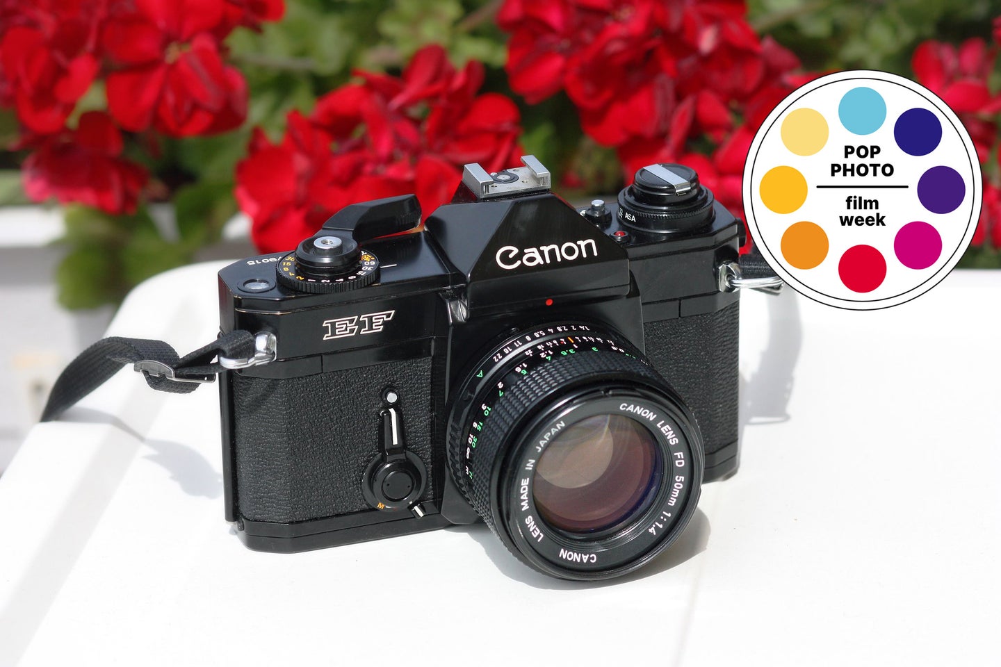 A canon film camera sitting on a white ledge with red flowers behind it.
