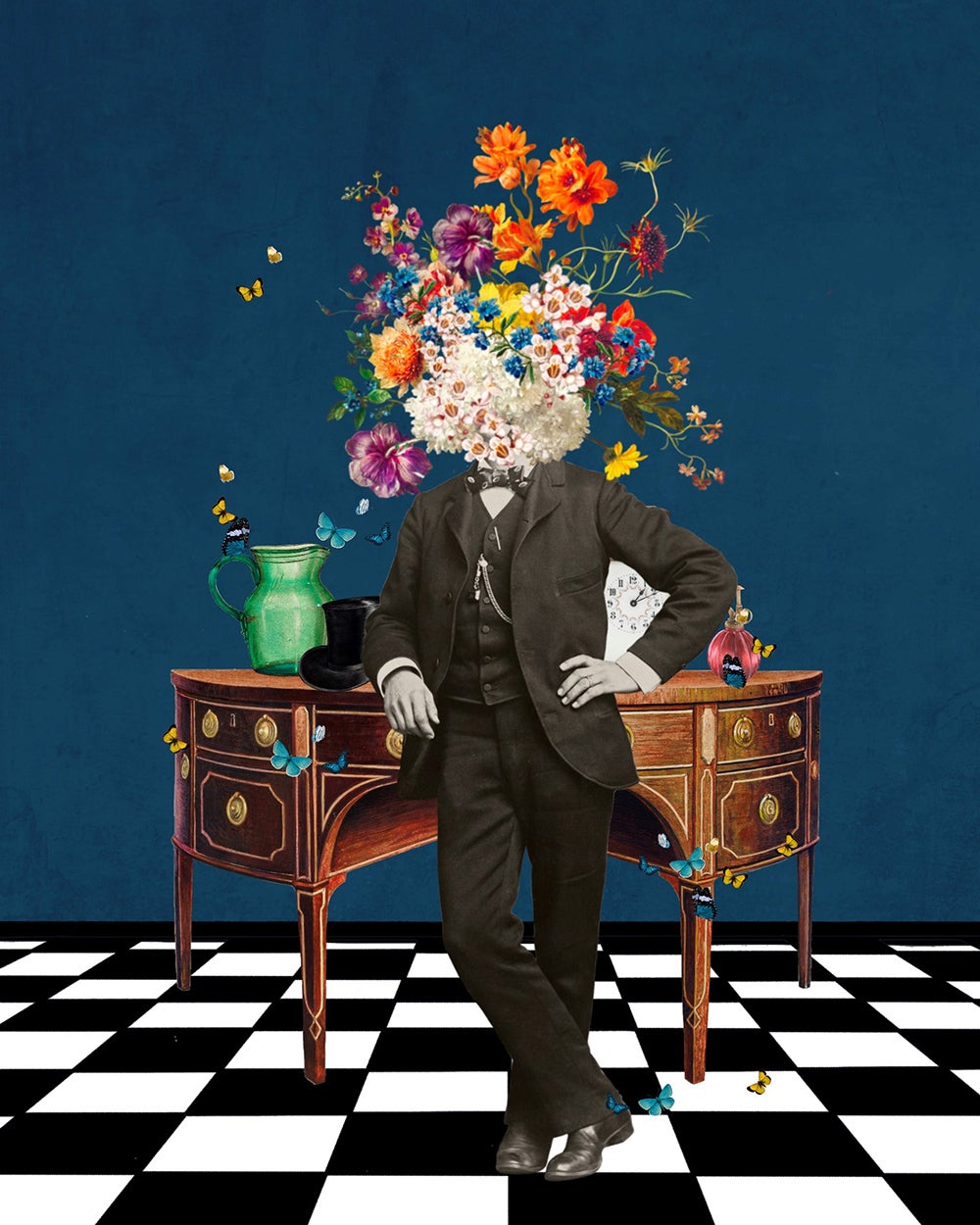 A photo illustration showing a man's head exploding with flowers.
