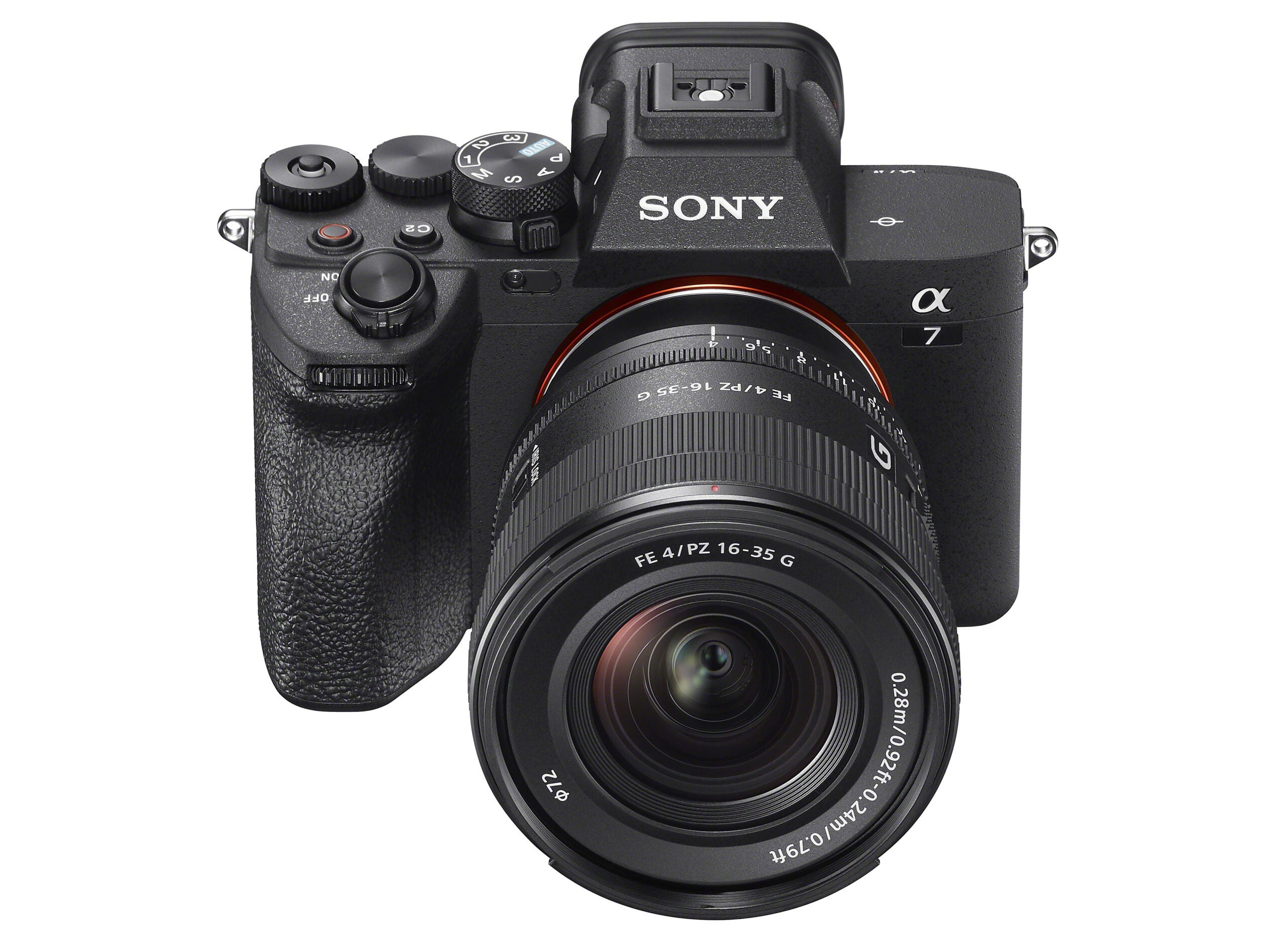 The new Sony FE PZ 16-35mm f/4 G zoom lens mounted on an a7-series camera.