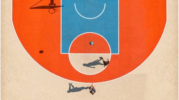 Two people on an orange, blue, and tan basketball court, from above.