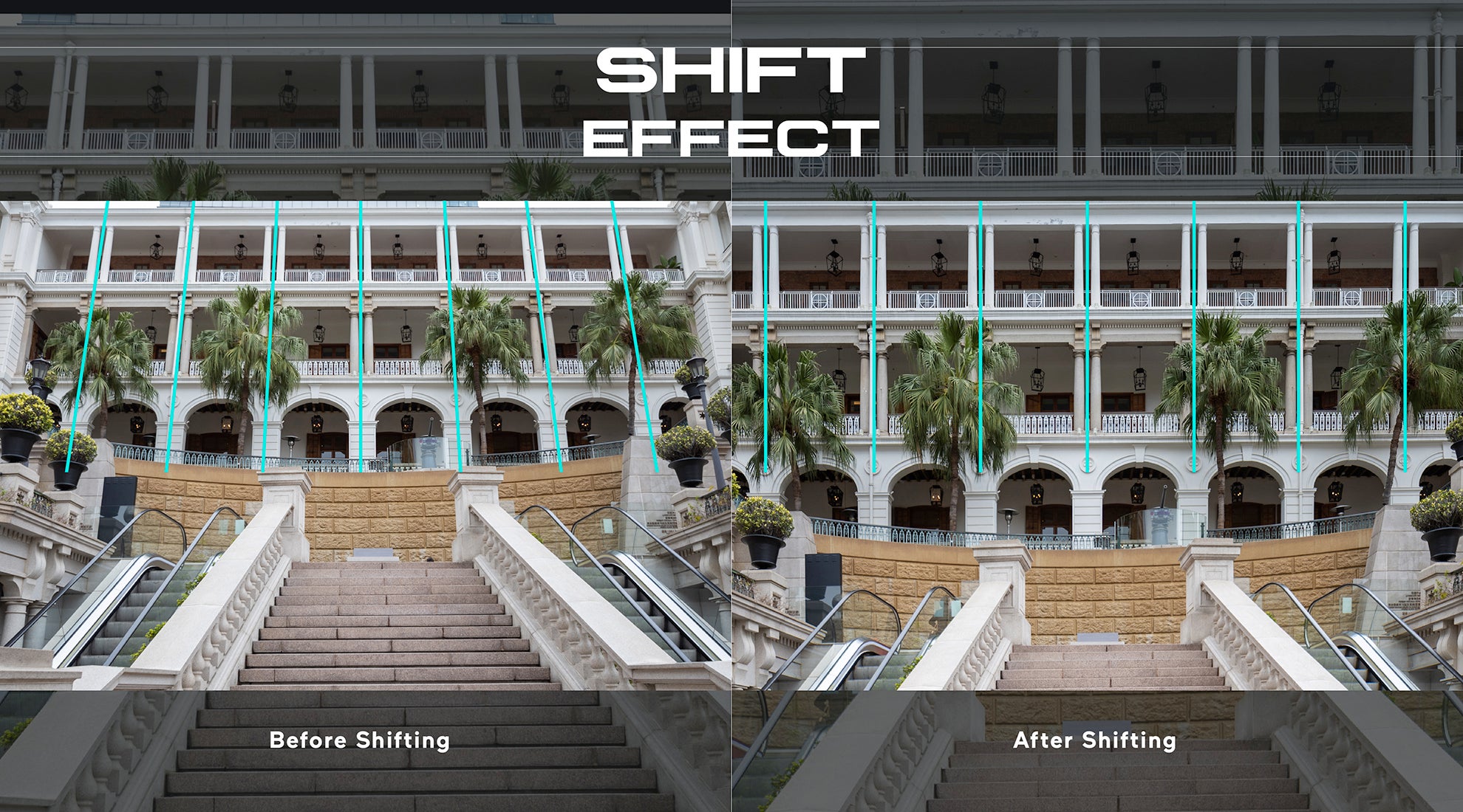 A diagram showing perspective correction by the new Venus Optics Laowa 20mm f/4 Zero-D Shift lens.