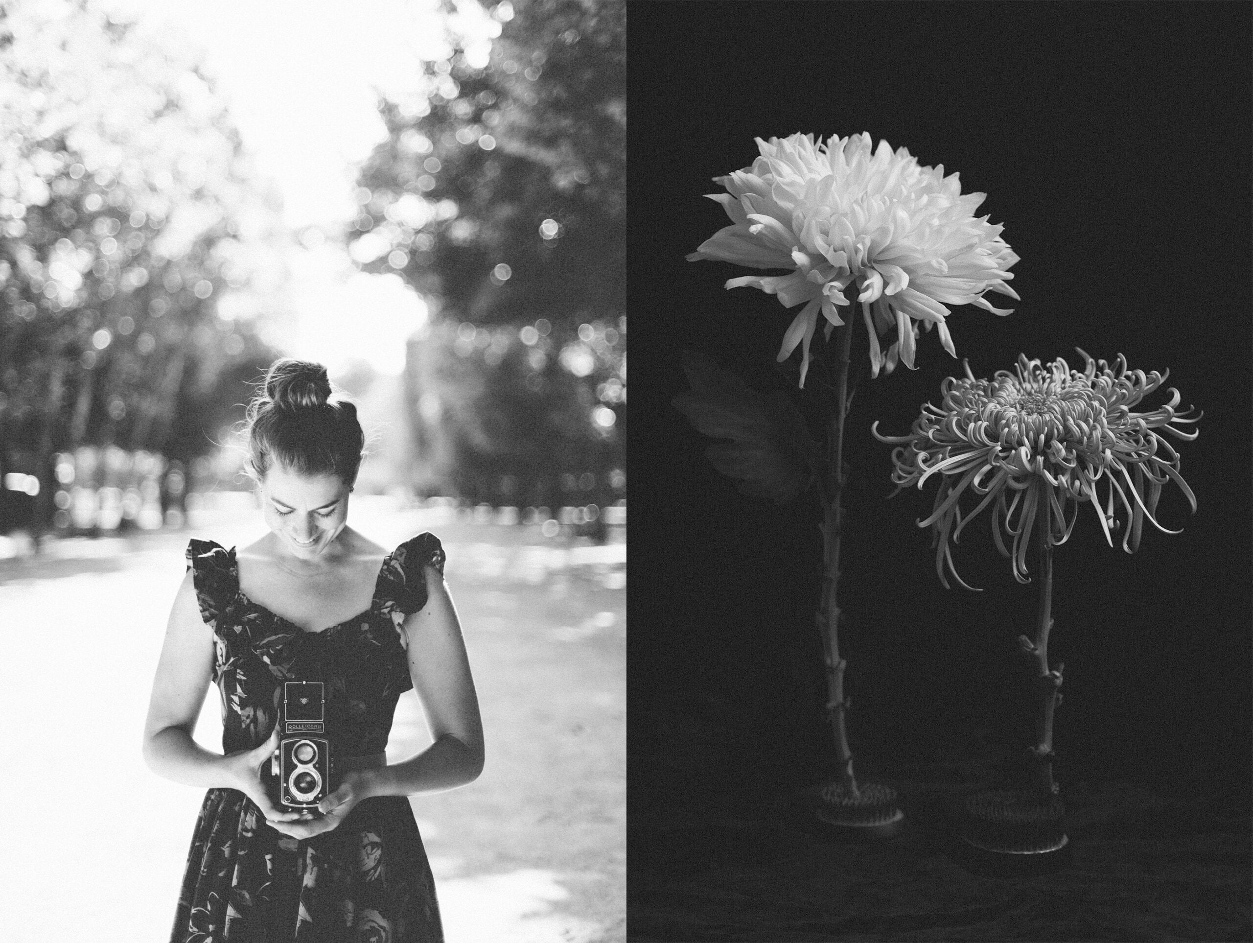 woman holds vintage rolleicord camera in paris. black and white photograph of two chysanthemums