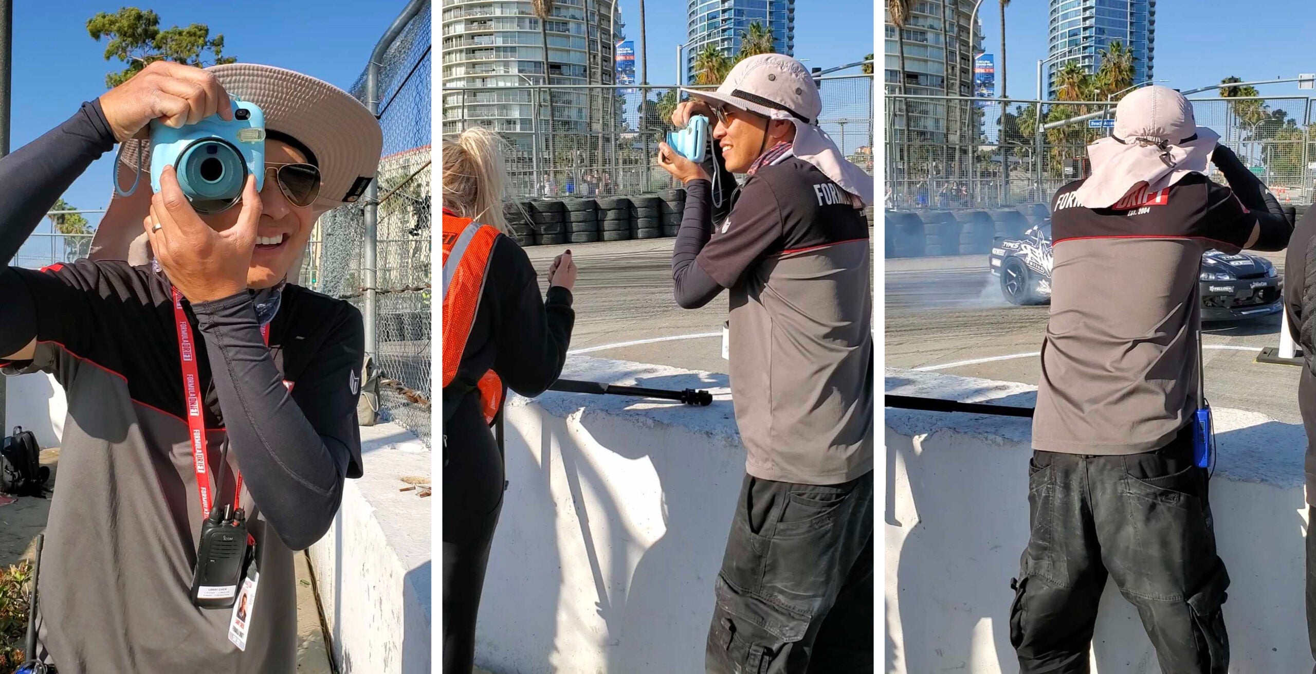 A man demonstrates the photographic panning technique using an instant camera.