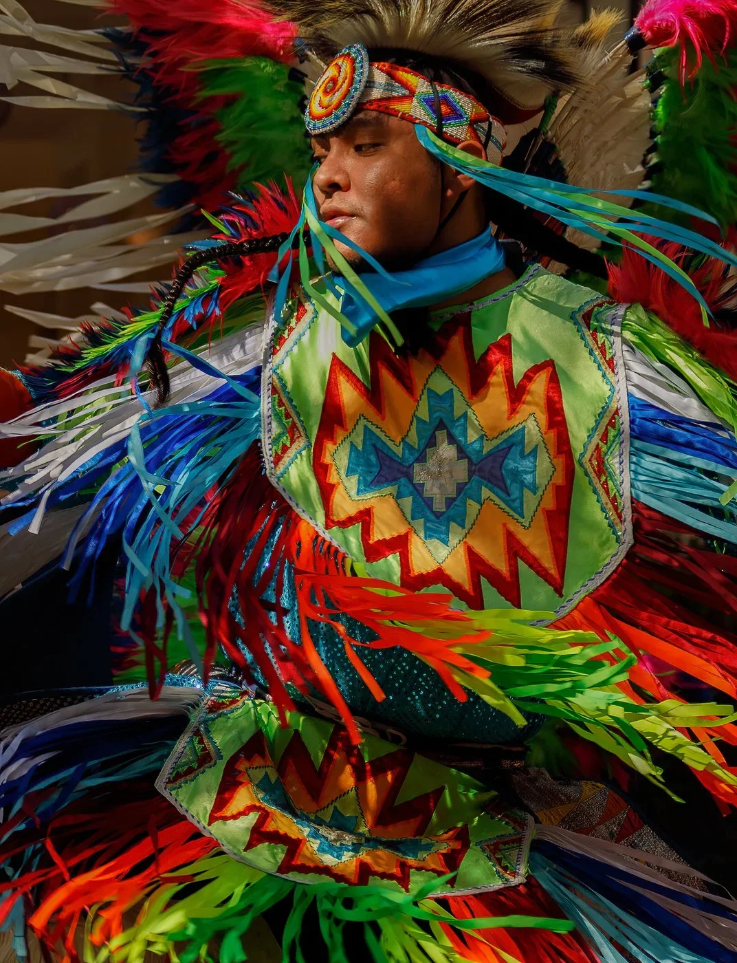 a member of an indigenous dance troop wears traditional feathers and dress for a performance