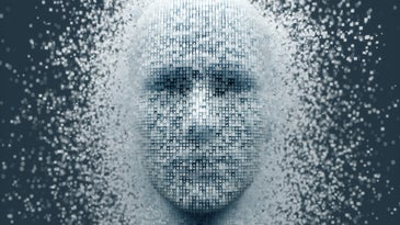 3D dissolving human head made with cube shaped particles.