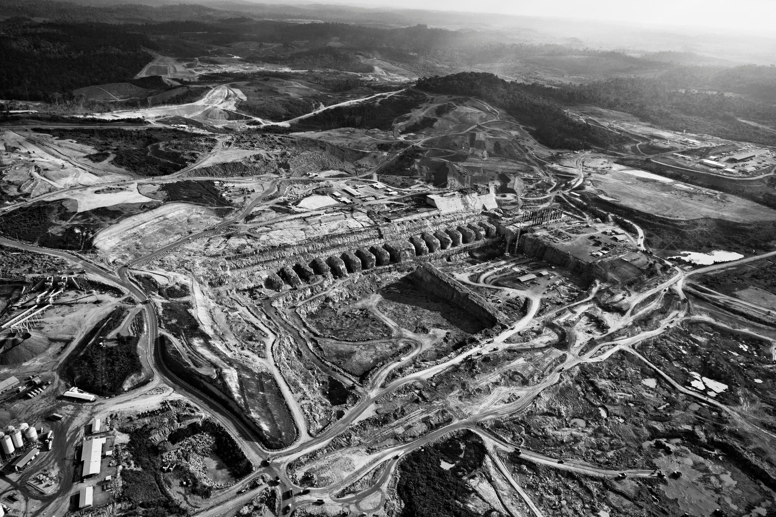 An aerial view of the construction of the Belo Monte Dam on the Xingu River, Altamira, Pará, Brazil, on 3 September 2013. More than 80% of the river's water has been diverted from its natural course to build the hydroelectric project. The drastic reduction in water flow has an adverse impact both on the environment and on the livelihoods of traditional communities living downstream of the dam.