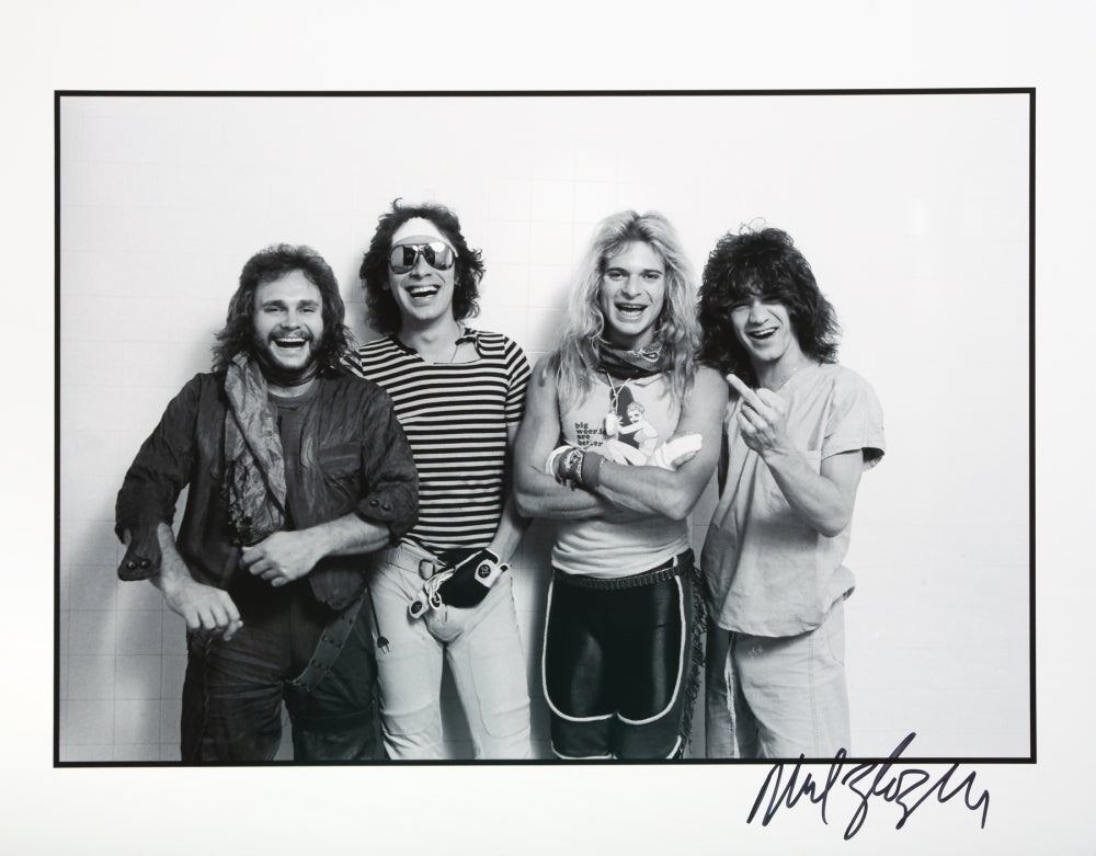 portrait of rock and roll band Van Halen in black and white