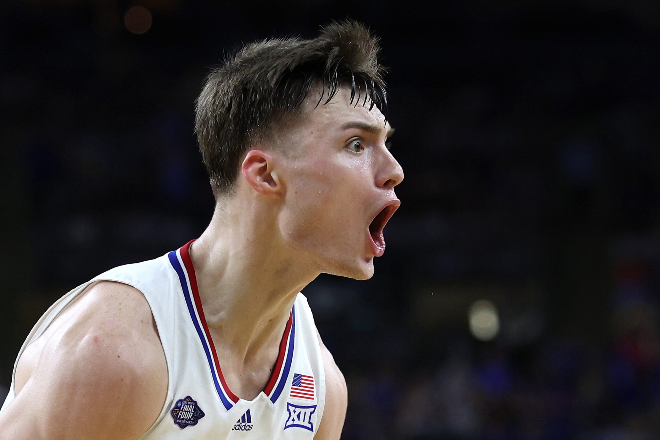 Christian Braun #2 of the Kansas Jayhawks reacts in the second half of the game against the North Carolina Tar Heels during the 2022 NCAA Men's Basketball Tournament National Championship.