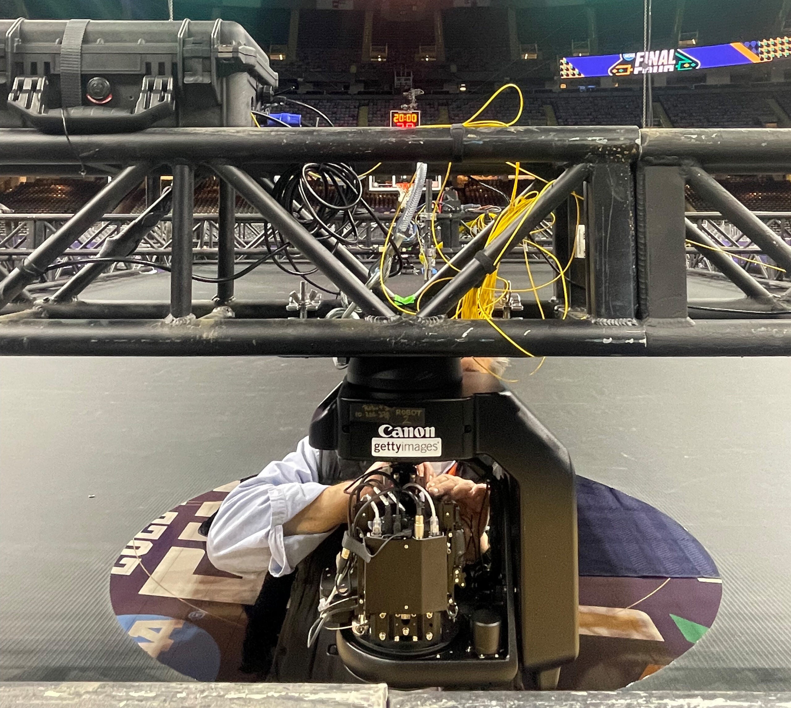 Getty's Canon Robot Camera Rig is hidden in the arena scorboard.