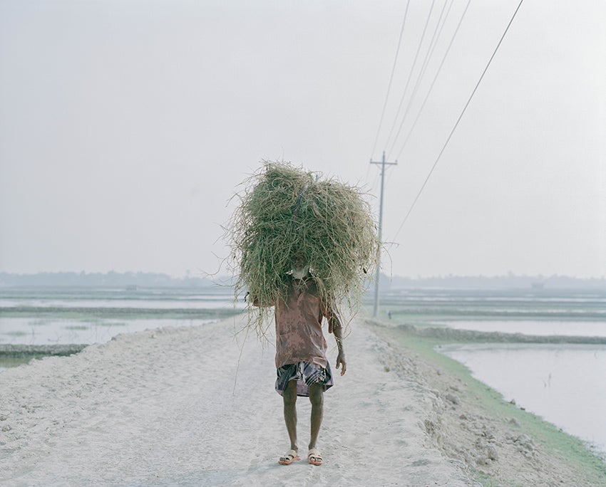 a man stands on a sandy pathway holding a cluster of grass on his head 