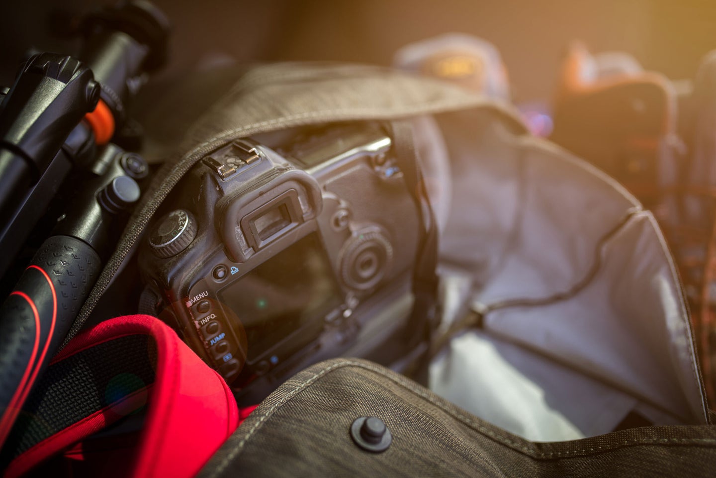 camera in a messenger bag with tripod