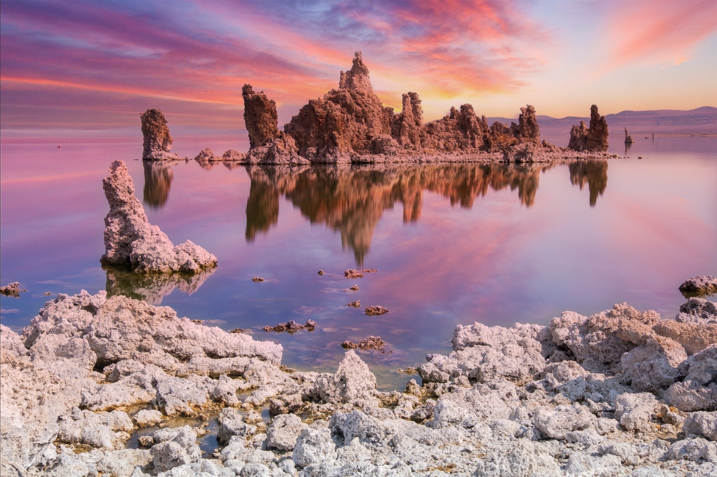 A reflection in Mono Lake at sunset.