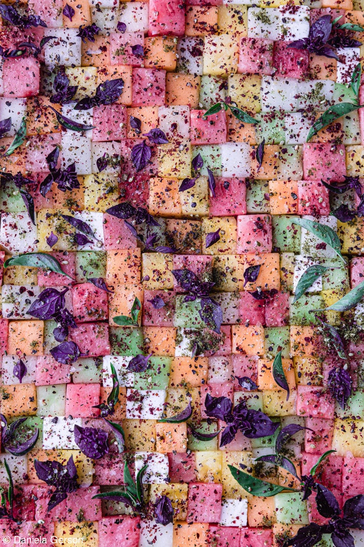 watermelon and feta salad arranged in tetris-like cubes