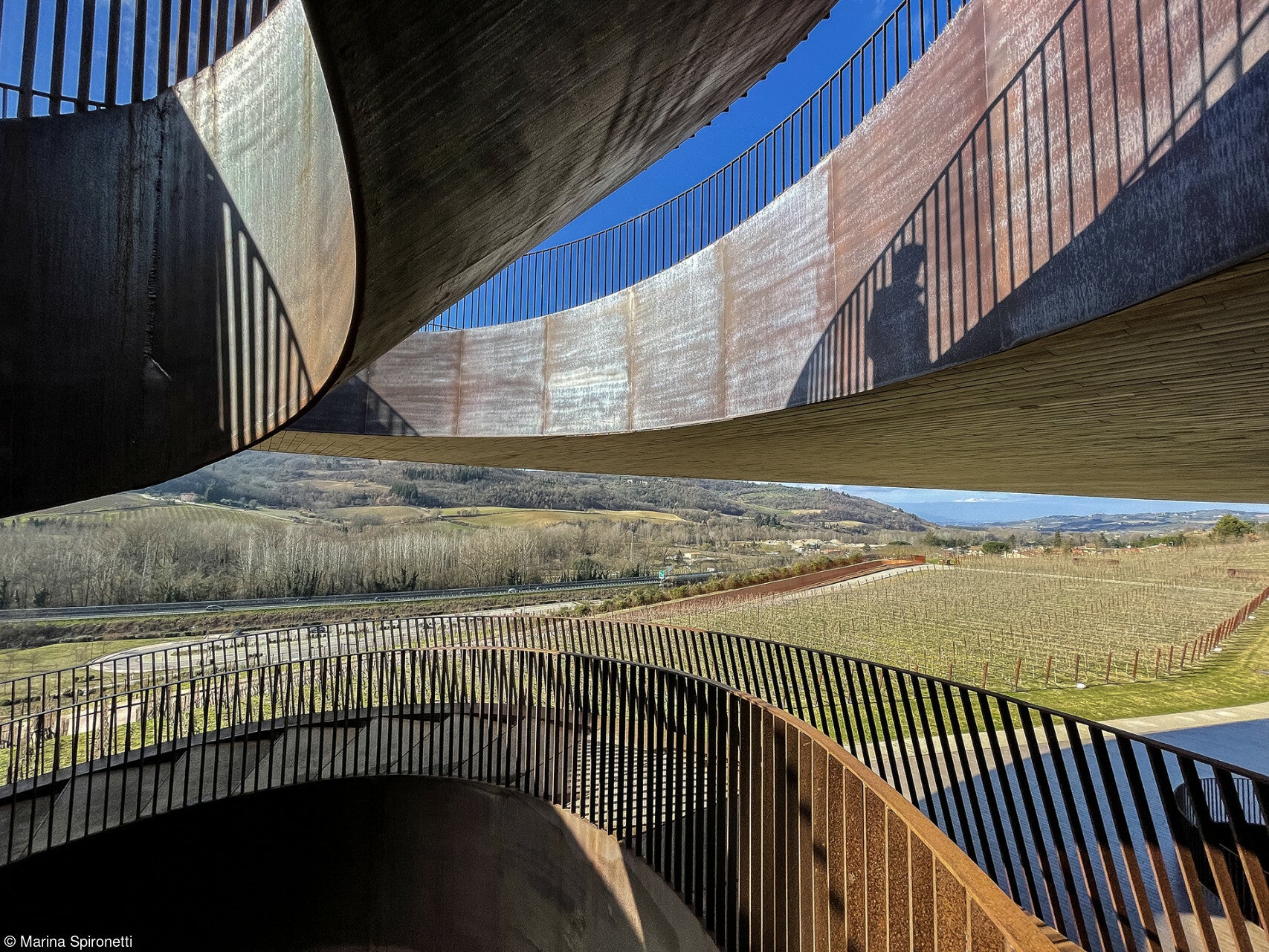 a curved bridge frames the landscape of vineyards