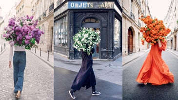 three girls holding large bouquets of flowers in paris
