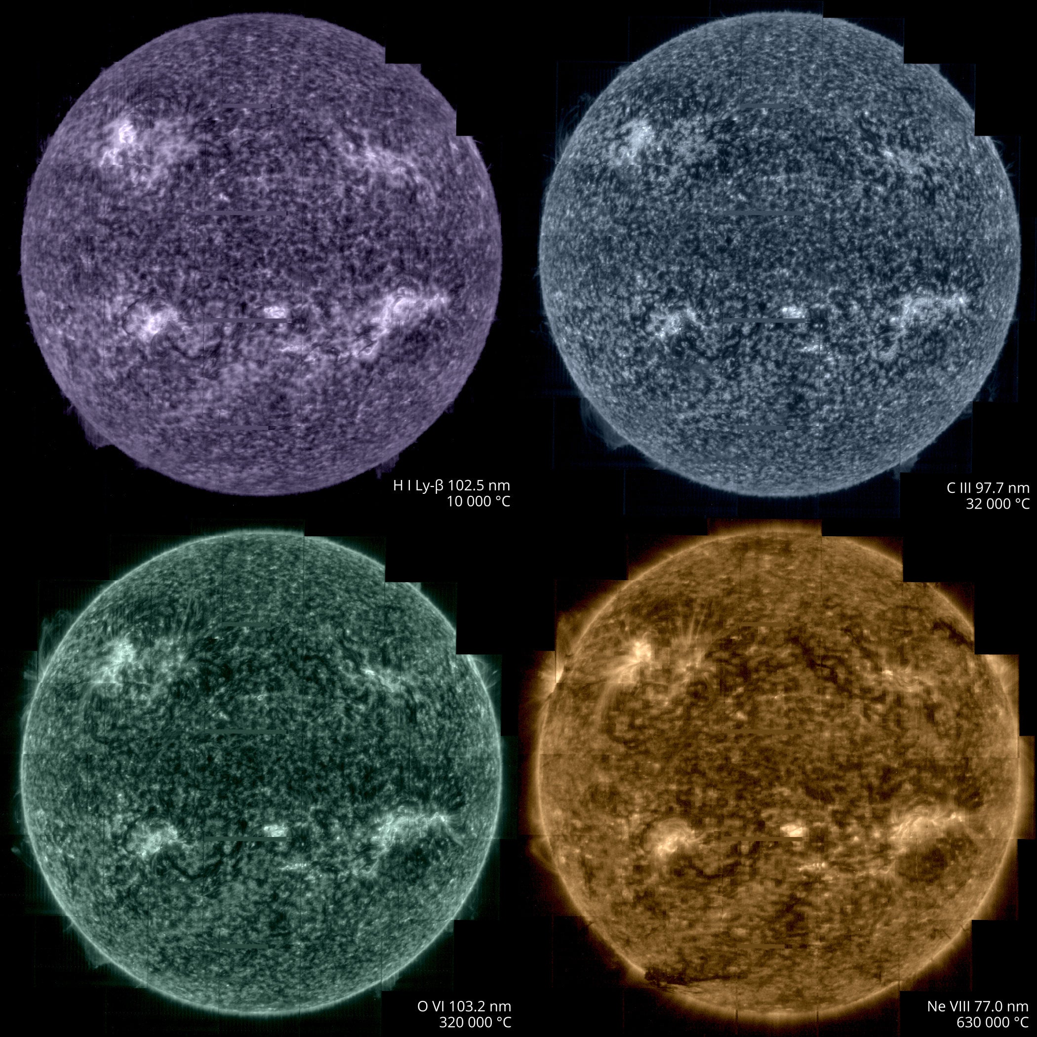 four images of the sun corresponding to different temperatures by the European Space Agency