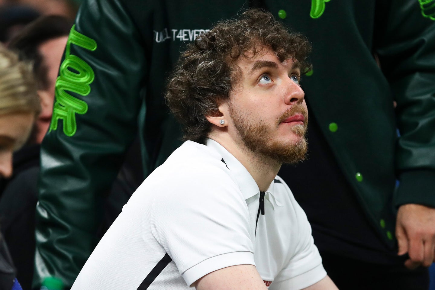Rapper Jack Harlow looks on during Game One of the Eastern Conference Semifinals between the Boston Celtics and the Milwaukee Bucks.