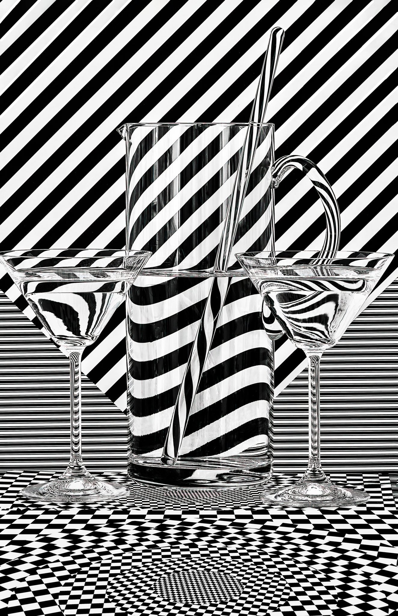 black and white stripes shown through water and glass