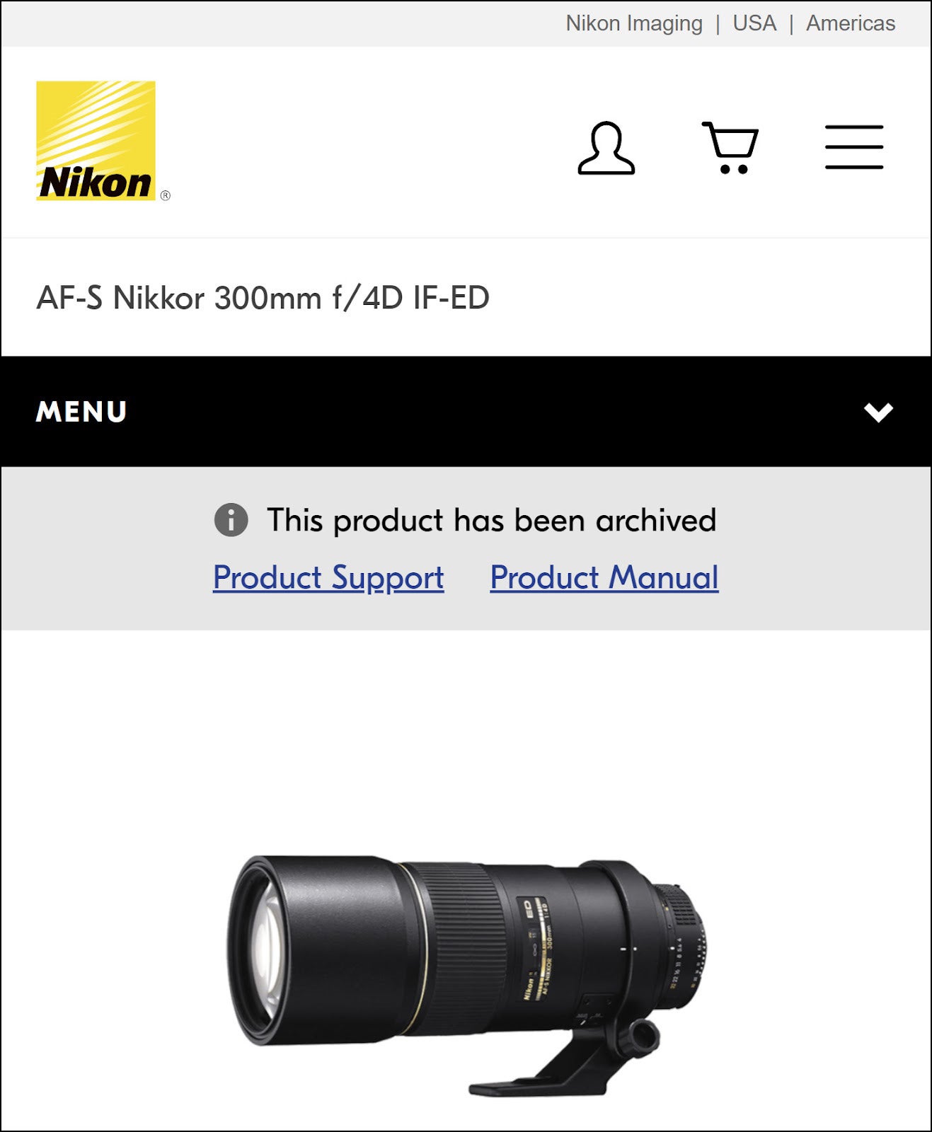 Nikon DSLR lens page shows the lens is archived.