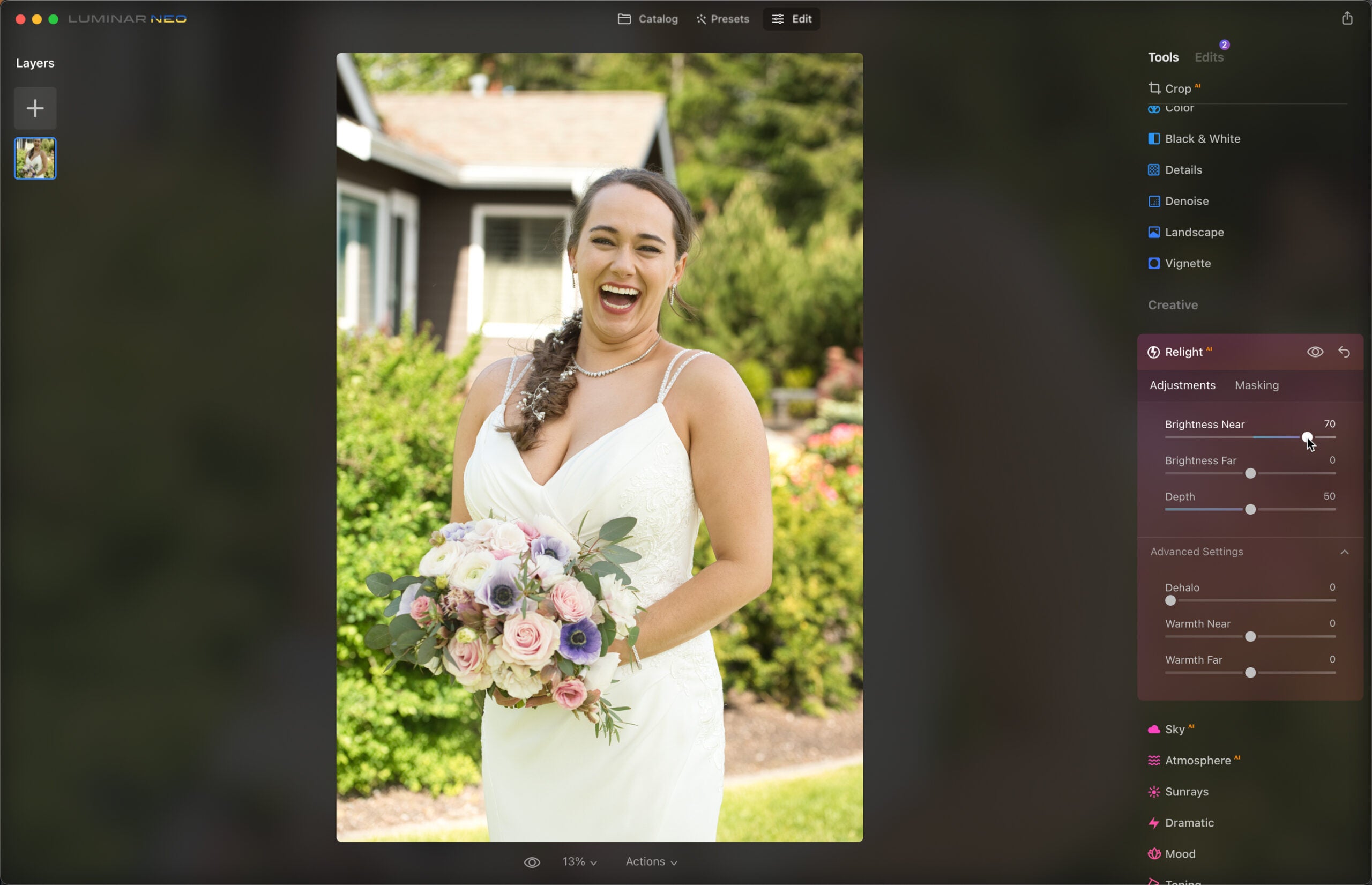 Luminar Neo’s Relight AI tool brightens the bride, which it has identified as the foreground object.