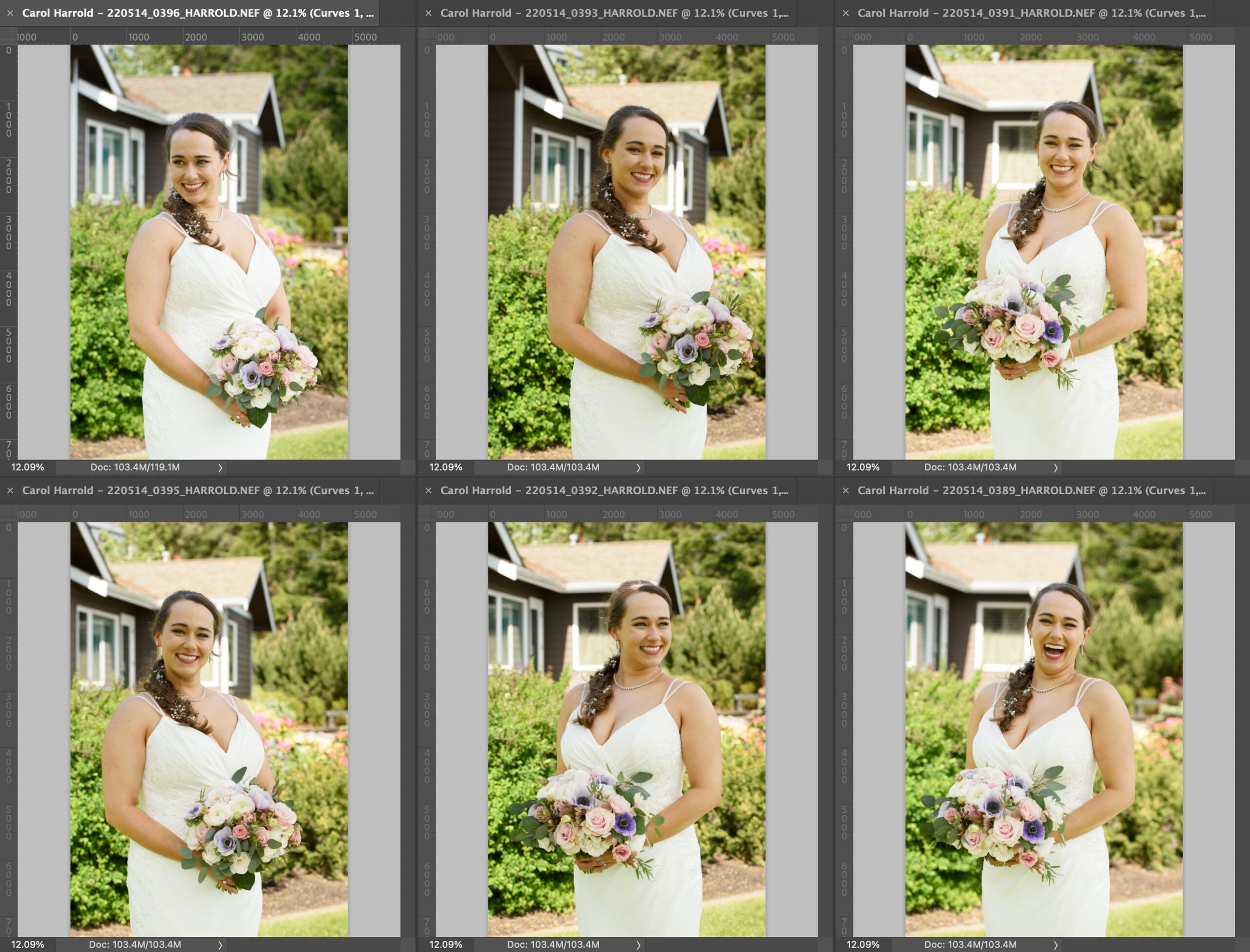 In a few seconds, the batch process applies the edits and lightens the bride in the other photos.