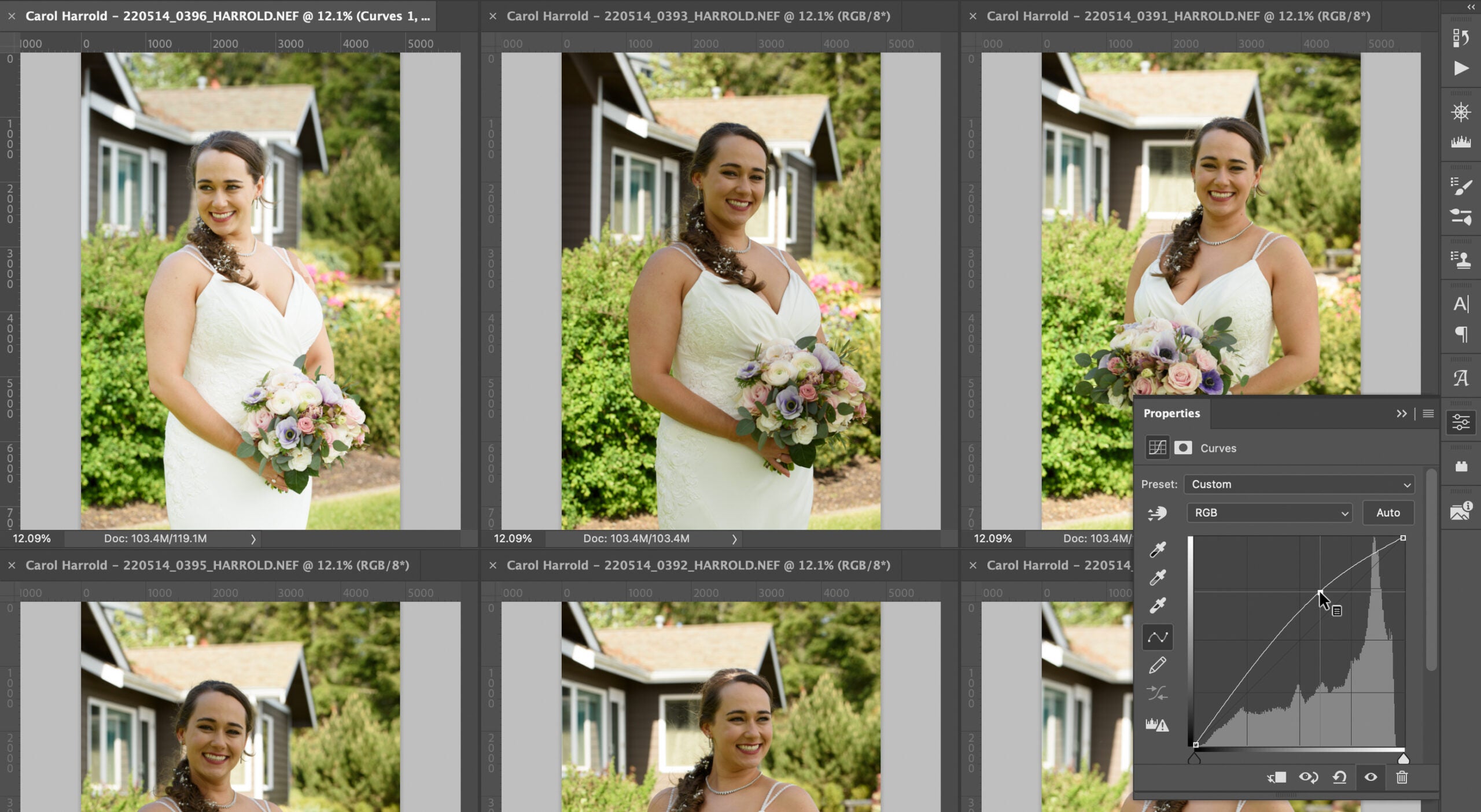 I’m using a Curves adjustment to increase exposure on the bride in the first photo, though I could use other tools as well.