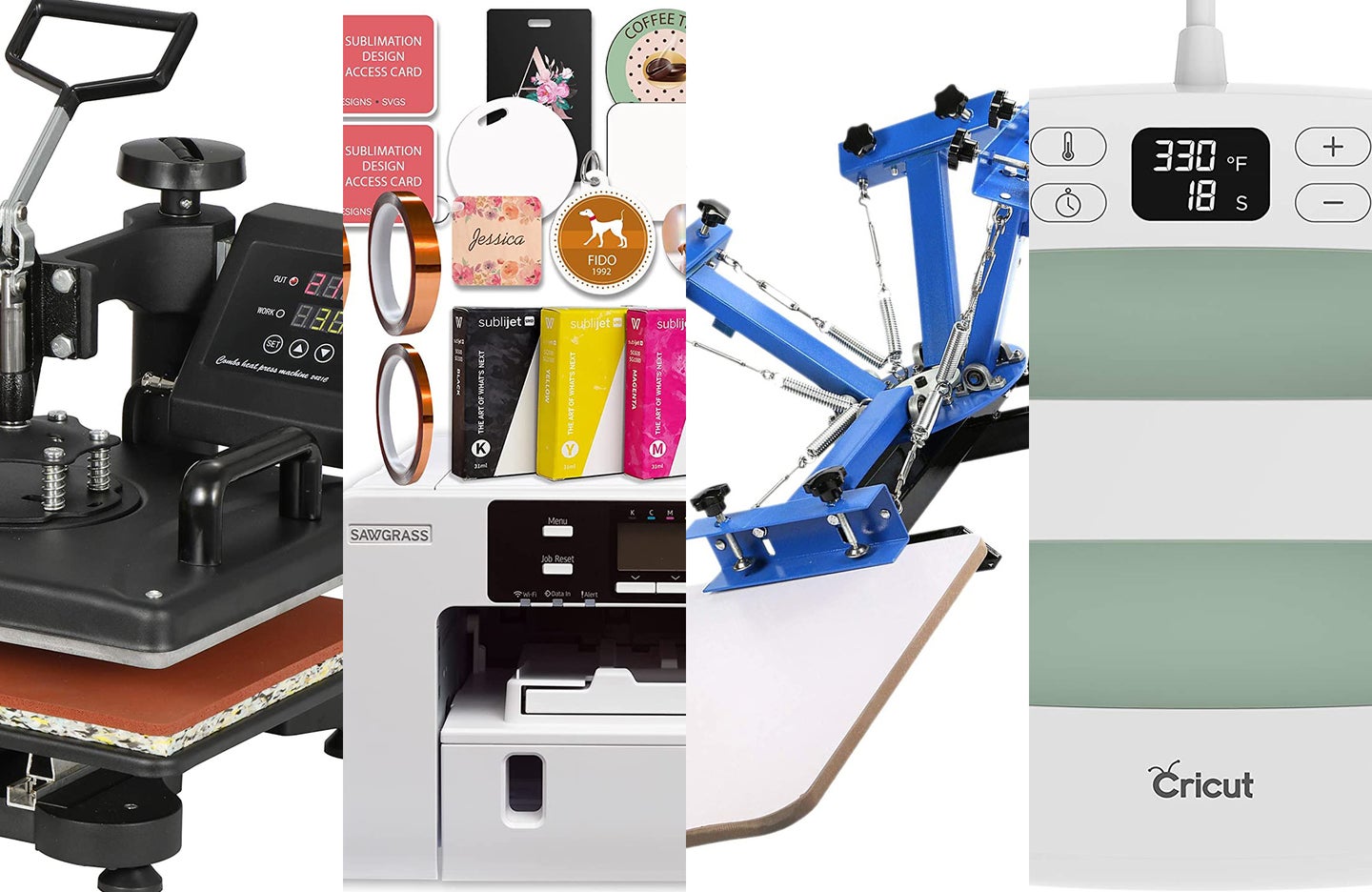Image showing a heat press, sublimation printer, screen printing machine, and budget heat press.