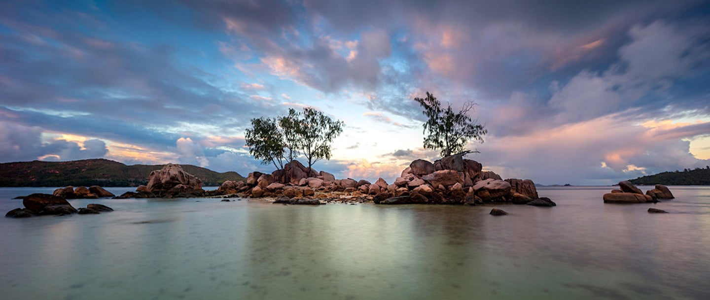 'Sunset over the tropical beach, Seychelles'