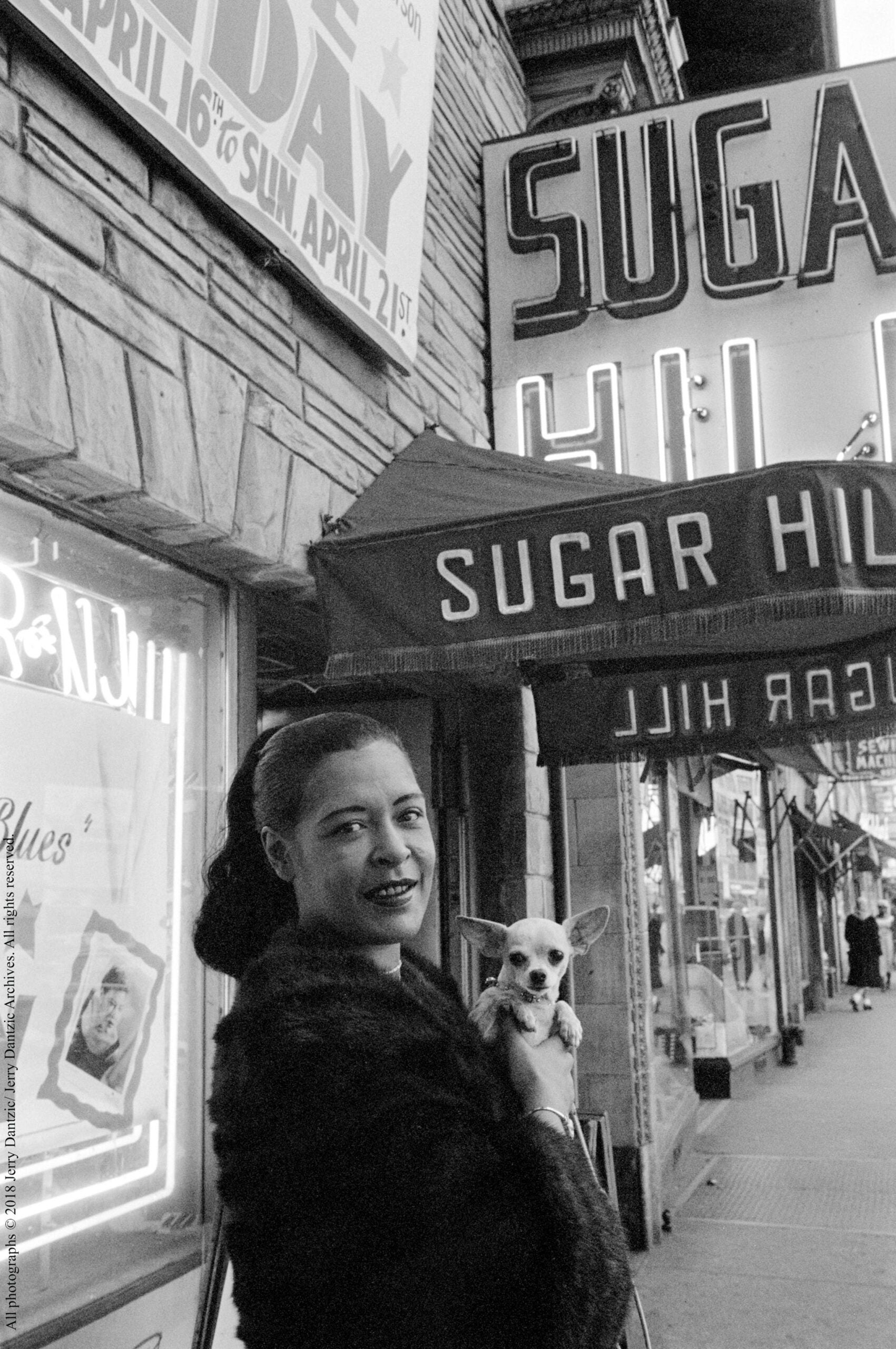 Billie Holiday holding her pet Chihuahua, Pepi, in front of Sugar Hill, Newark, New Jersey