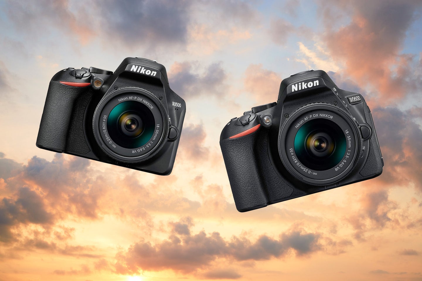 The Nikon D3500 and D5600 floating in the clouds.