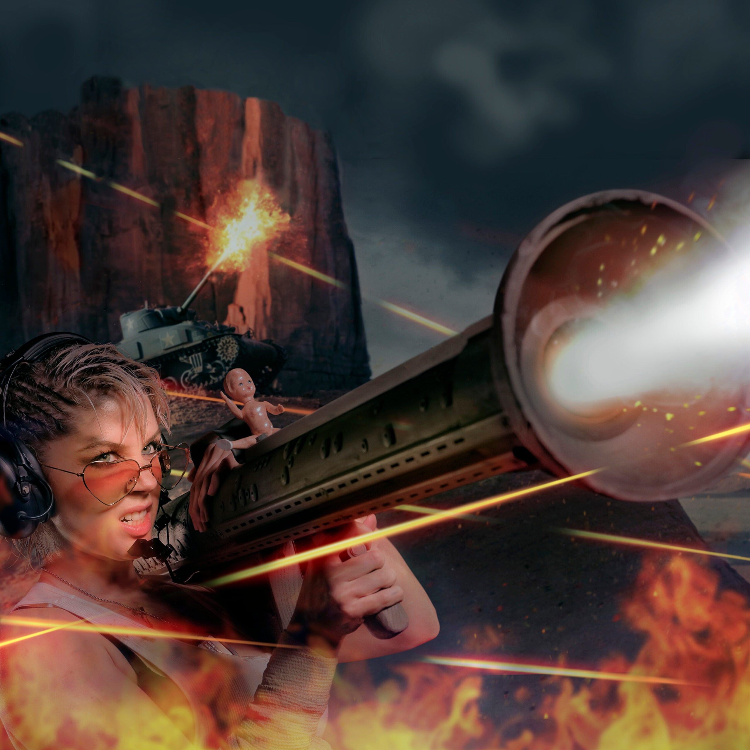 Photo illustration of a women shooting a bazooka.