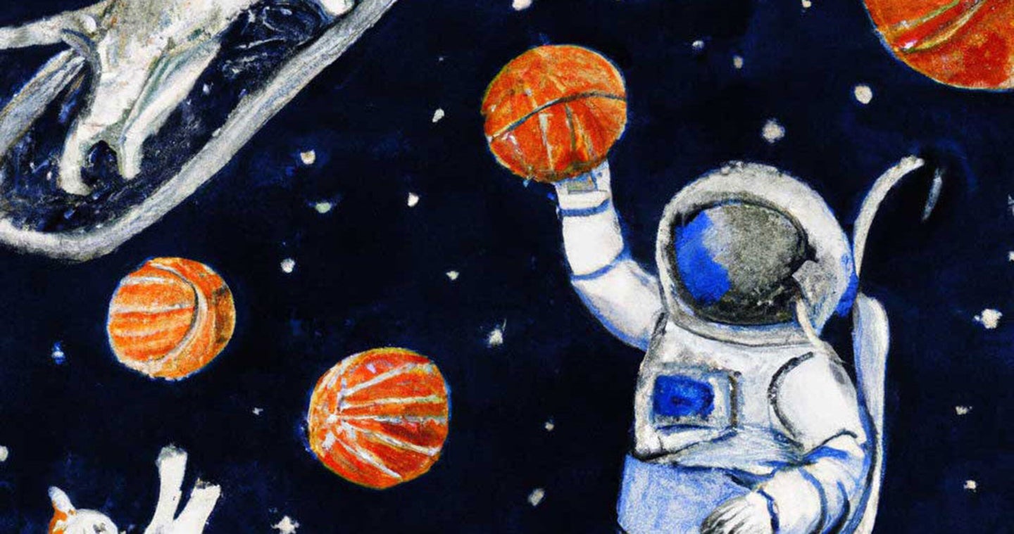 astronaut plays basketball with cats in space dall-e