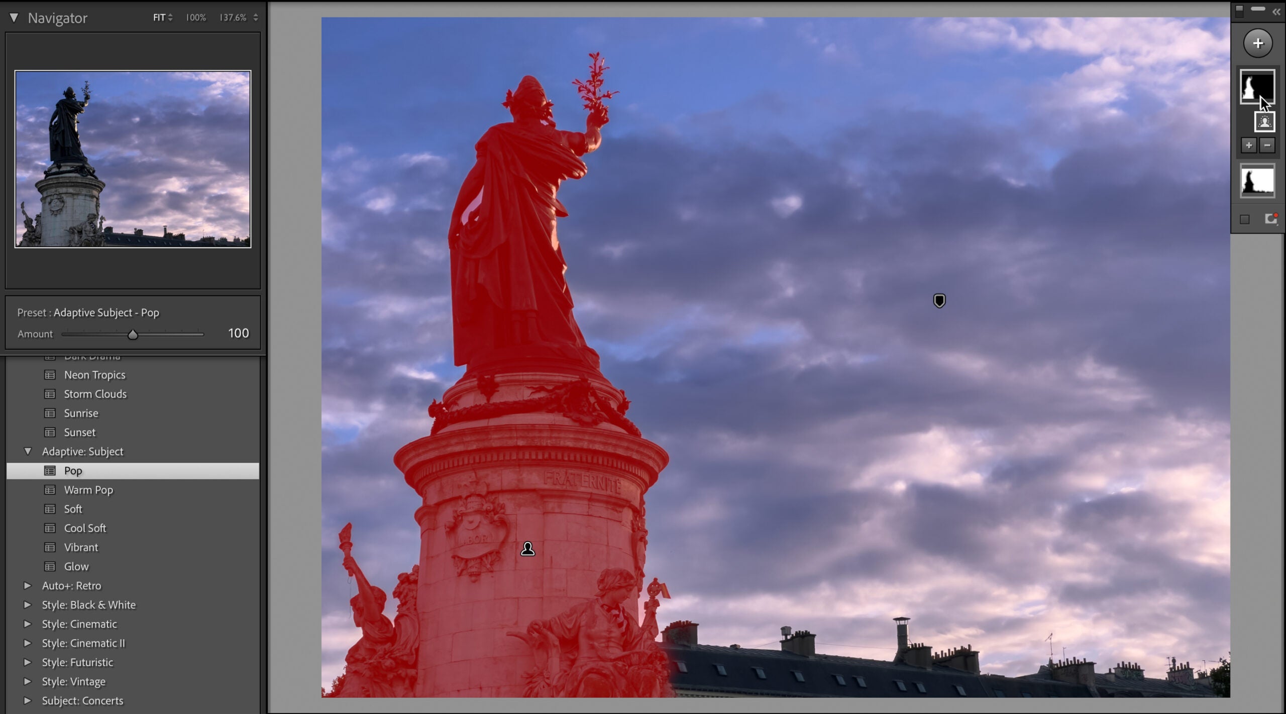 A Lightroom mask on a statue. 